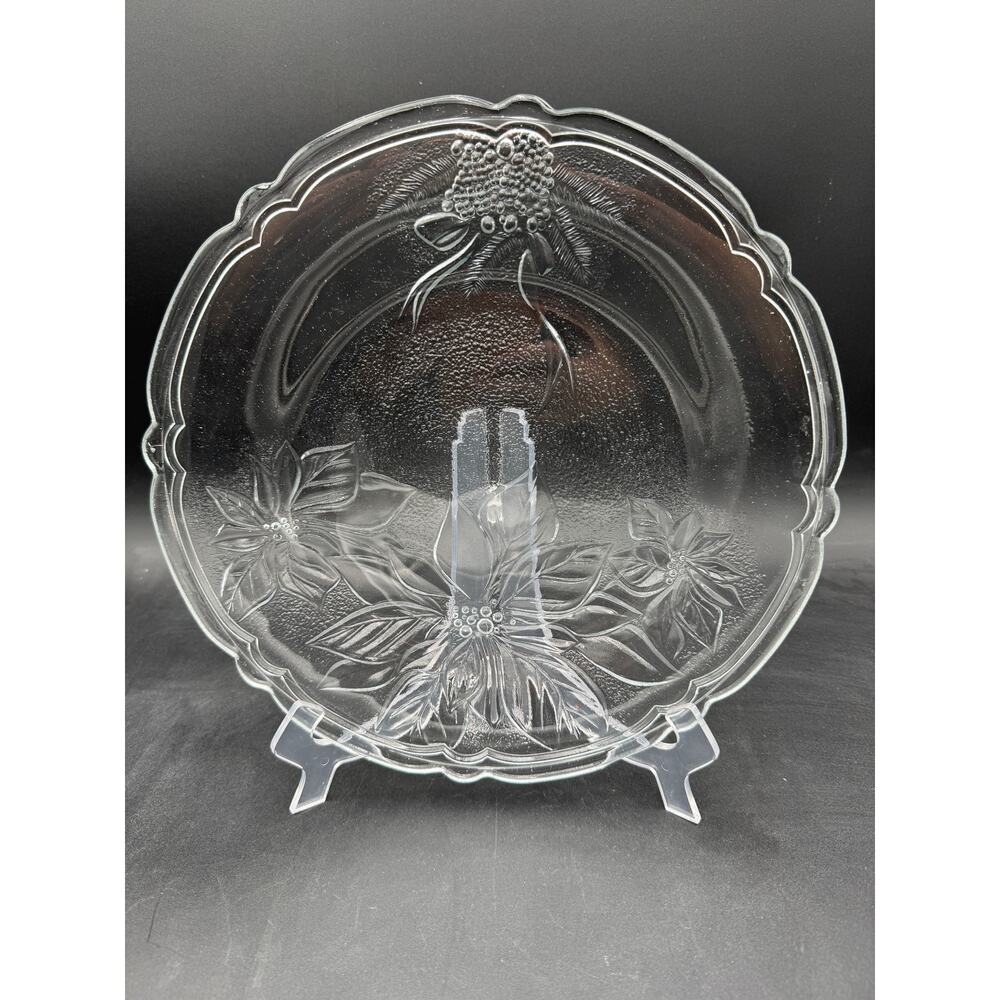 Vintage Poinsettia Christmas Platter Clear Tempered Glass 13" Gibson